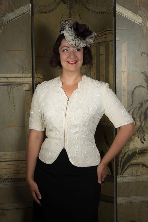 1930s Jacket - Elegant Late 30s, Early 40s Zip Front Rayon Crepe Jacket with Gelatin Sequins and Soutache
