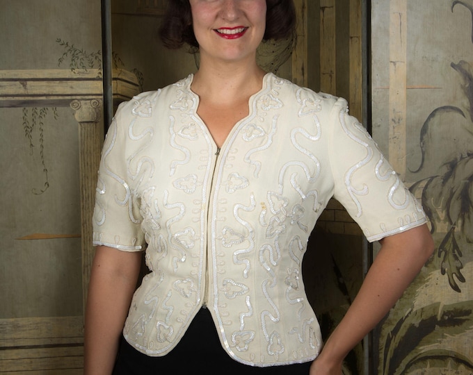 1930s Jacket - Elegant Late 30s, Early 40s Zip Front Rayon Crepe Jacket with Gelatin Sequins and Soutache