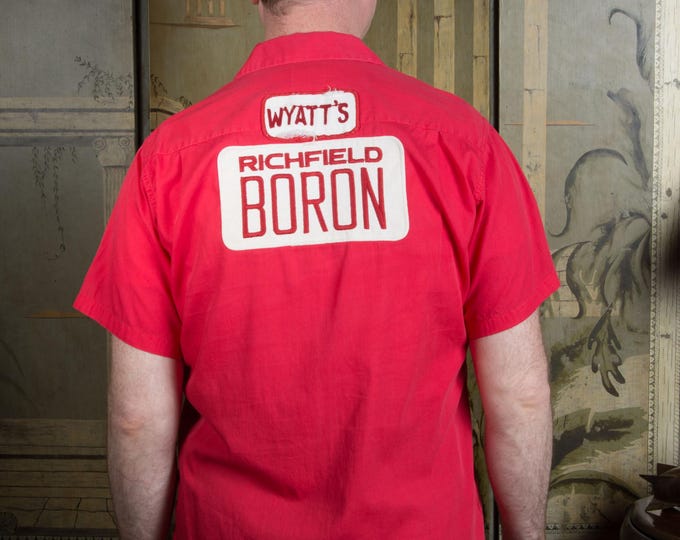 Vintage 1950s Short Sleeve Uniform Shirt Embroidered Back Patches Loop Collar