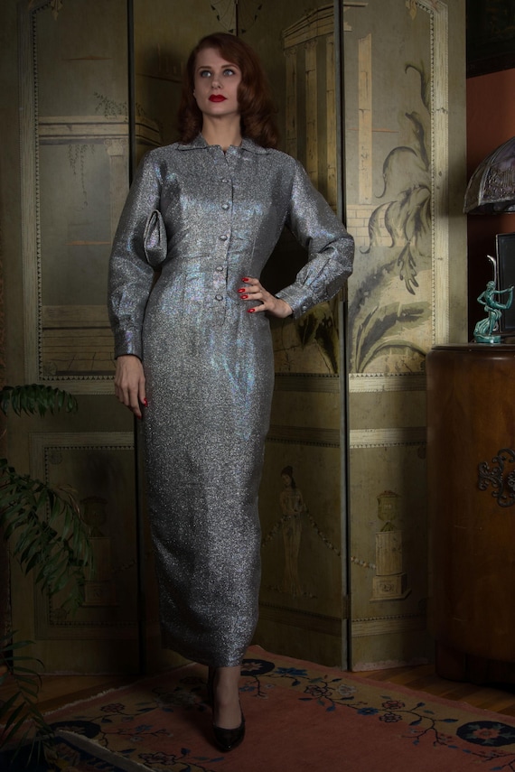 1960s Dress - Shimmering Silver Oil-Slick Iridescent Lurex Vintage Late 60s Full Length Evening Cocktail Dress with Matching Handbag