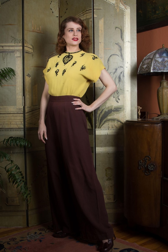 RESERVED 1940s Vintage Pants Fantastic 40s High Waist Wide Leg Slacks in Tabby Weave Rayon Brown Rare Size Large