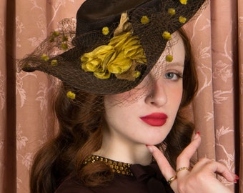 1940s Hat -Dramatic Vintage 40s Brimmed Straw Tilt Hat with Chartreuse Pom Pom Veiling and Roses Size 23