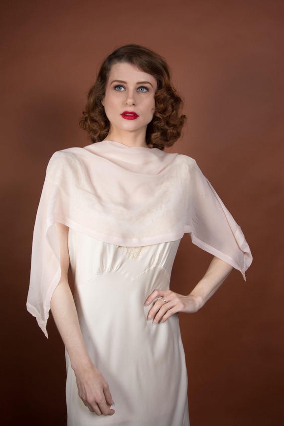 1920s Scarf - Sheer Pink Silk Chiffon Oblong Scarf with Pleated Edge