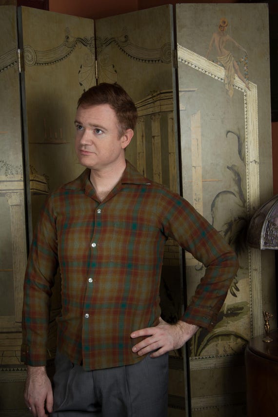 Vintage 1960s Arrow Chevella Size Small Soft Rayon Shadowplaid in Teal, Rust, Olive Green