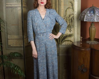 Sophisticated 1940s Drapey Rayon Day Dress in Cornflower Blue by Frances Dexter with Interchangeable Shirt Studs