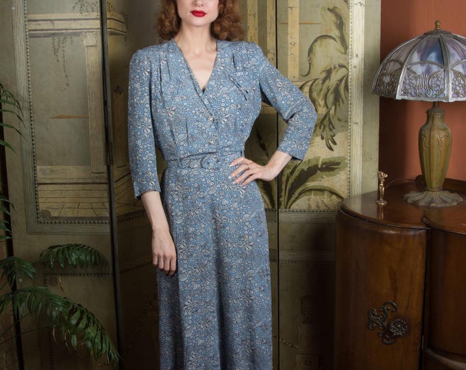 Sophisticated 1940s Drapey Rayon Day Dress in Cornflower Blue by Frances Dexter with Interchangeable Shirt Studs