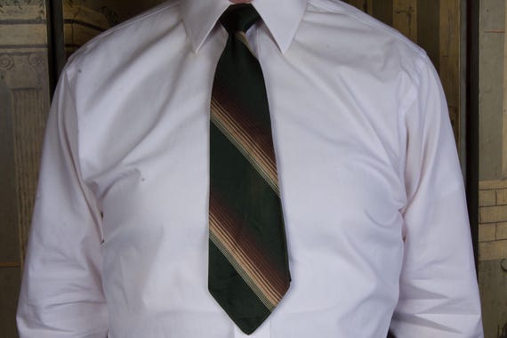 Vintage 1930s Brocade Striped Tie in Lustrous Green Silk with Tan and Brown