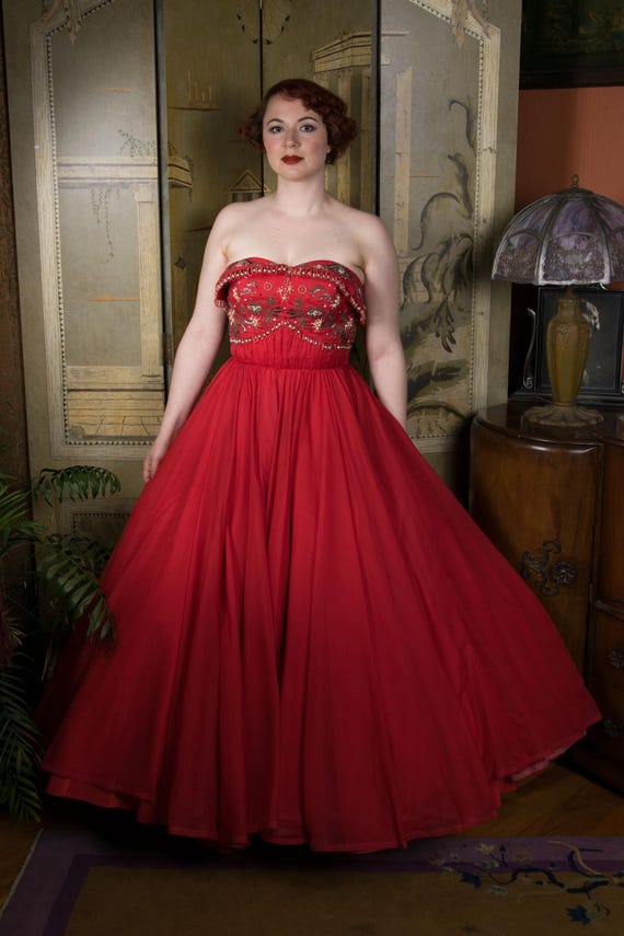 1950s Dress - Incredible Lipstick Red Strapless 50s Evening Gown Heavily Embellished with Beads and Faux Pearl Teardrops