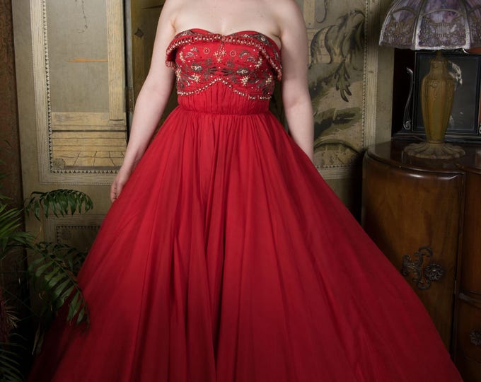 1950s Dress - Incredible Lipstick Red Strapless 50s Evening Gown Heavily Embellished with Beads and Faux Pearl Teardrops