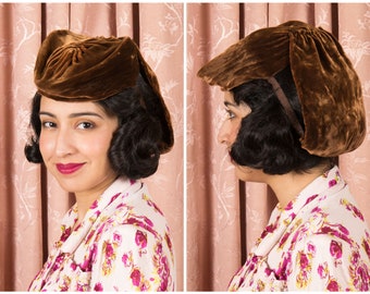 TAG SALE 1930s Hat - Plush Vintage 30s Milk Chocolate Silk Velvet Tilt Hat with Attached Snood