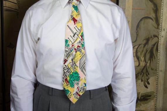 Vintage 1950s Brilliant Novelty Scenic Tie - Paris on Bastille Day