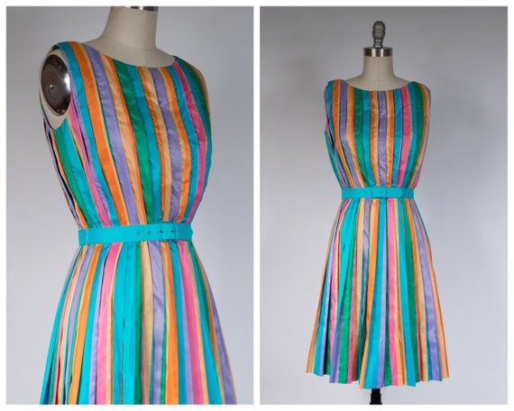 1960s Dress - Bright 60s Vintage Rainbow Striped D