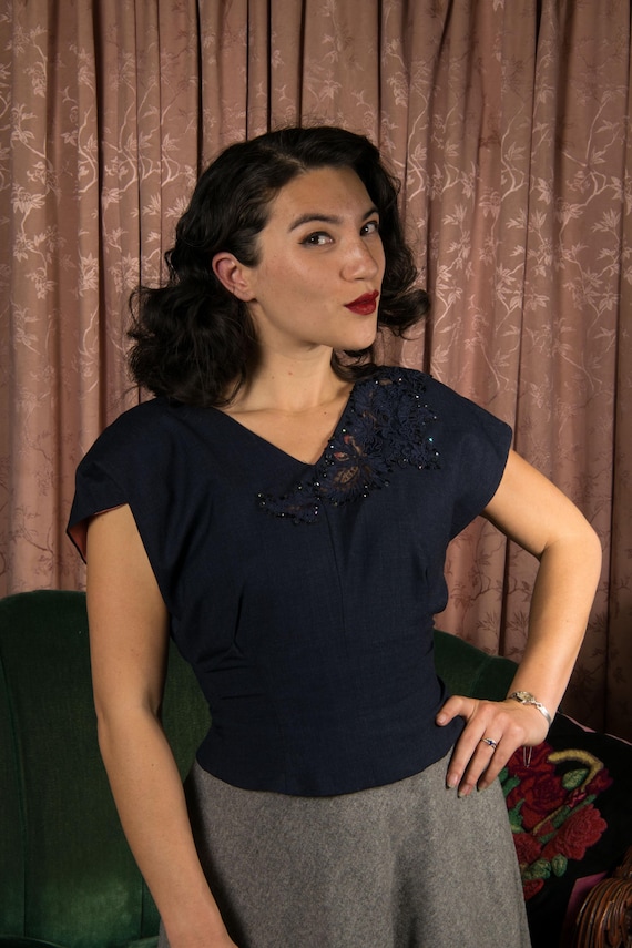 1950s Blouse - Charming Vintage 50s Homemade Blouse in Navy Blue with Lace Cutaway / Petite Small