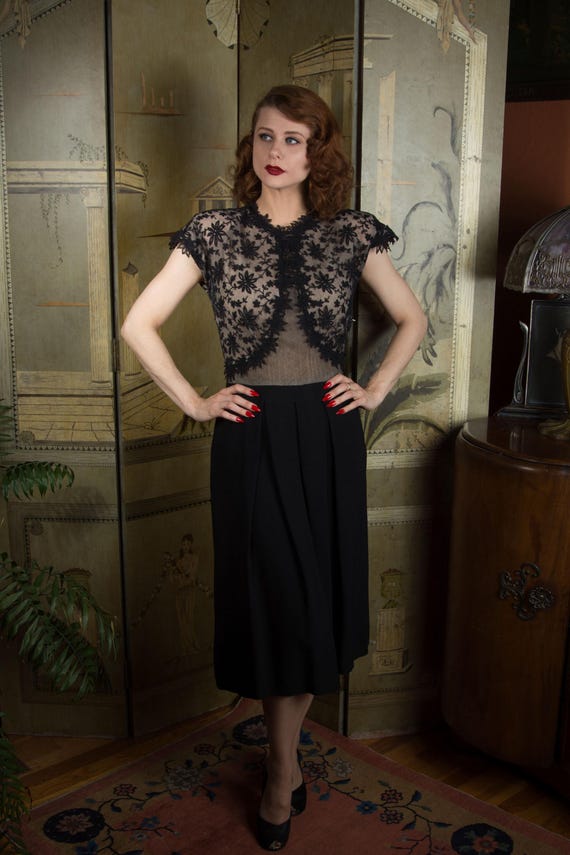 1940s Dress - Saucy Vintage 40s Rayon and Mesh Cocktail Dress with Tambour Embroidery and Nude Illusion Midriff Bodice