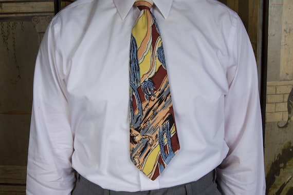 Vintage 1940s Necktie in Colorful, Suessian Scene with Trees and Squirrels