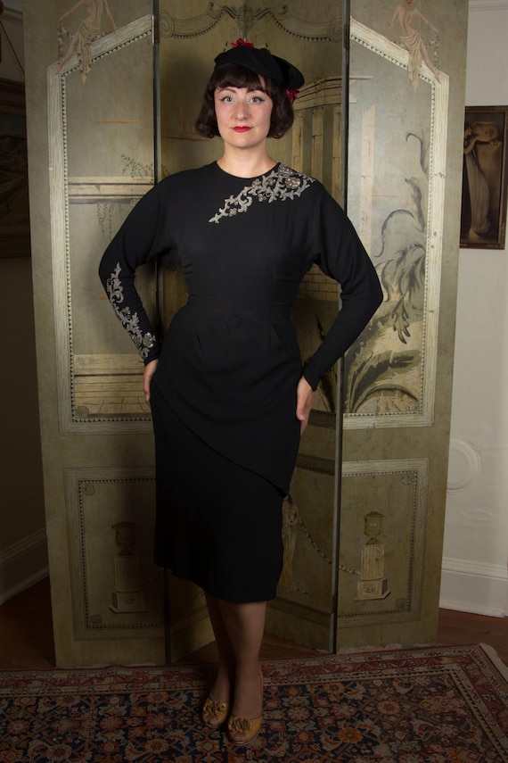 1940s Dress - Sophisticated Black Rayon Crepe 40s Cocktail Dress with Asymmetric Beaded Details