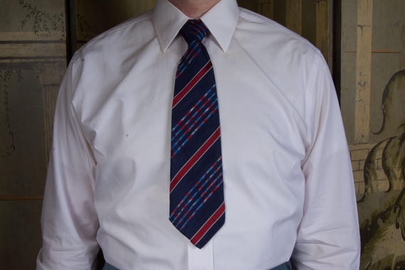 Vintage 1930s Brocade Striped Tie in Lustrous Blue Moiré Stripes with White, Red, and Brighter Blue