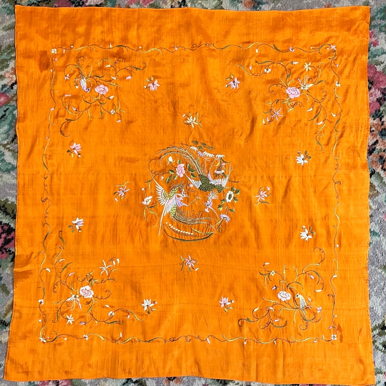 Antique Scarf Gorgeous Vintage 20s Chinese Silk Scarf with Vibrant Orange with Pastel Bird and Floral Embroidery image 1