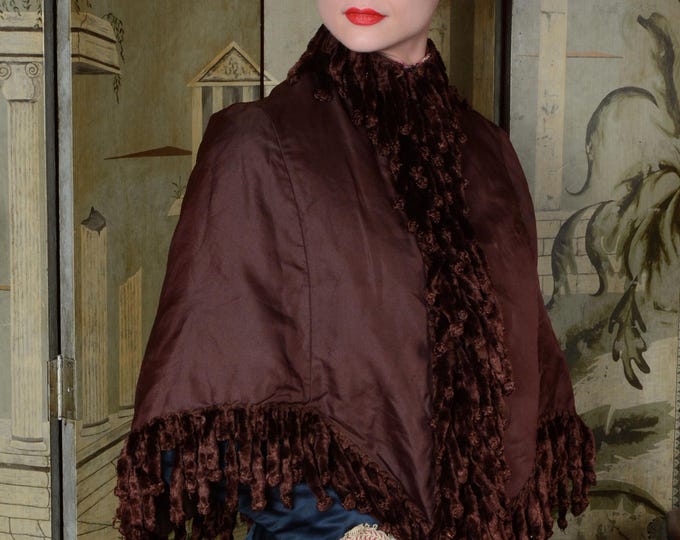 Victorian Cape - Gorgeous 1880s Mantel Capelet in Brown Silk with Velvet Fringe