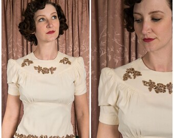 1930s Blouse - Late 30s Puff Sleeve Blouse in Ivory Rayon with Copper Colored Beading and Gelatin Sequins