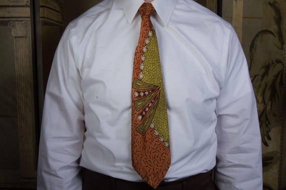 Vintage 1940s Ultra Shiny Satin Wide Tie in Chartreuse, Rust Orange, Brown and White by Creveling of California