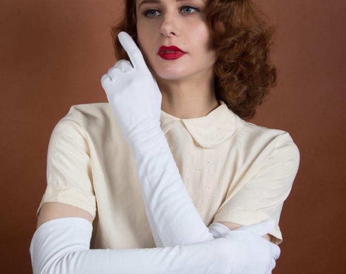 1950s Gloves - Size 6 - 6 1/2 - Elegant Bridal White Fownes Nylo Vintage 50s 60s Long Nylon Opera Length Gloves with Pearly Buttons