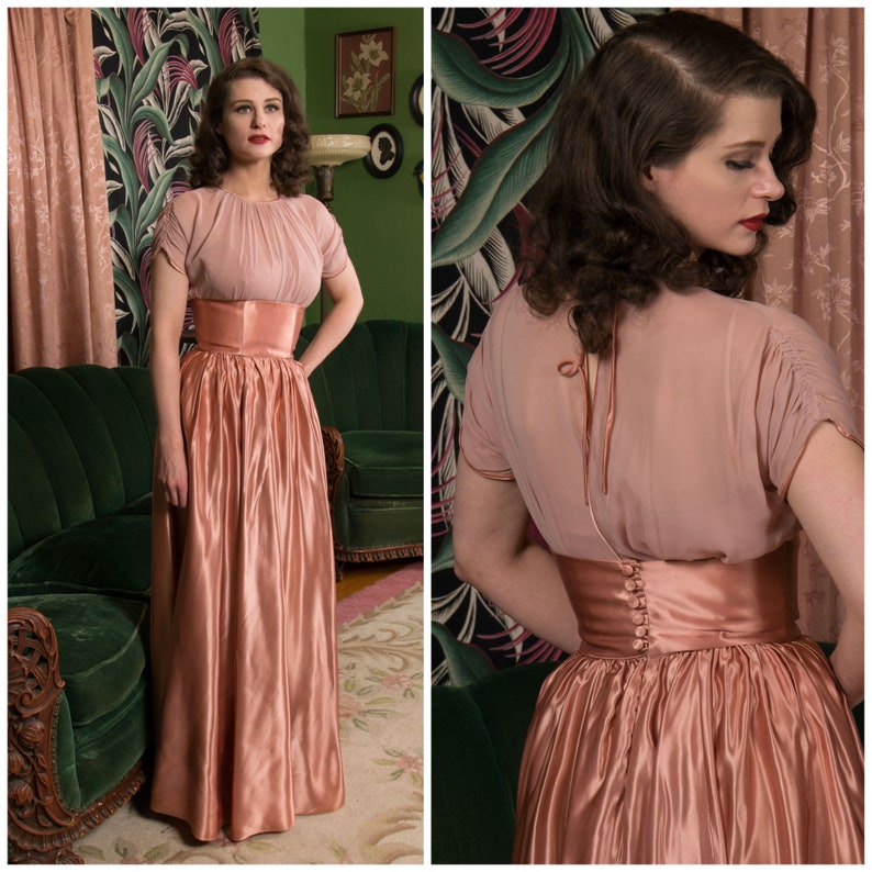 1940s Dress Set Exceptional Two Piece Chiffon and Satin Evening Ensemble High Waist Skirt & Draped Blouse in Mauve Pink image 1