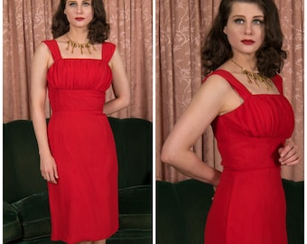 1950s Dress - Bombshell Lipstick Red Silk Chiffon Vintage 50s Wiggle Dress with Ruched Bust