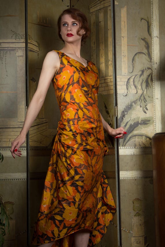 1920's semi formal dresses 1920s Dress - Rare Antique Early 20s Drop Waist Silk Dress in Orange Watercolor Print With Asymmetric Wrapped Skirt and Sashing Wool / Laine