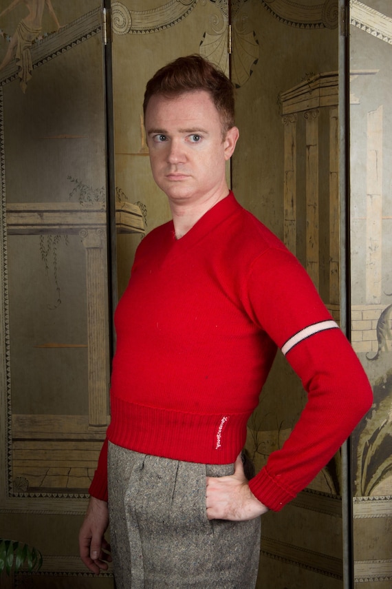 Vintage 1960s All Wool Tight Knit Pullover School Varsity Sweater with Wide Banded Hem in Red with White