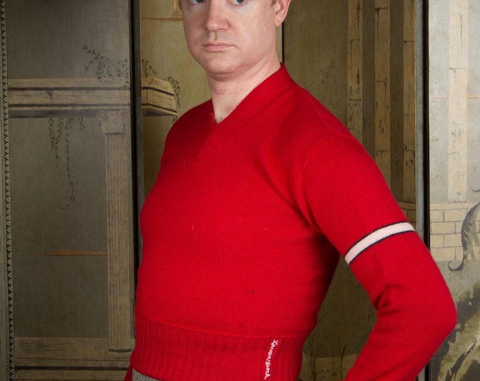 Vintage 1960s All Wool Tight Knit Pullover School Varsity Sweater with Wide Banded Hem in Red with White