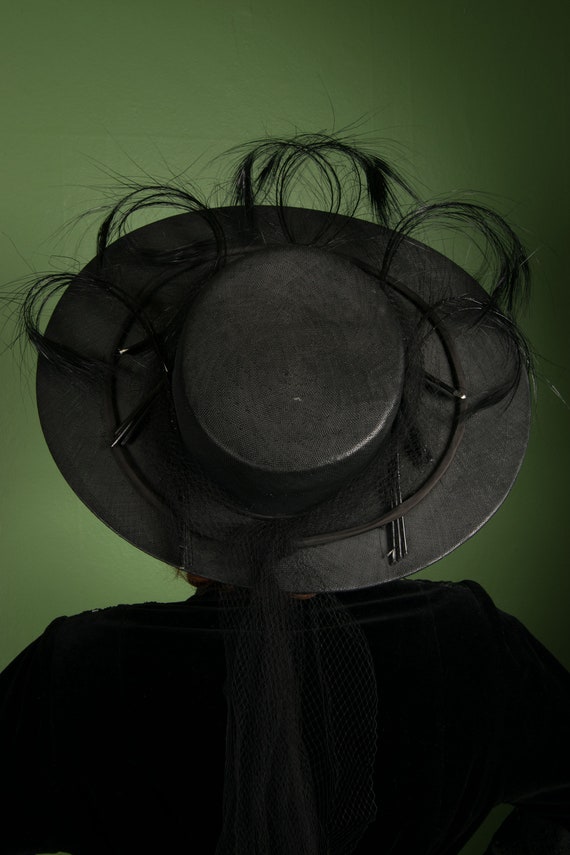 1940s Hat - Exceptional Caspar-Davis Vintage 40s Black Wide Brimmed Straw Hat with Shaved and Curled Bird of Paradise Feathers
