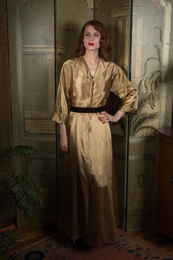 Lux Vintage 1950s Gold Satin Dressing Gown Robe with Black Stripes and Front Closure