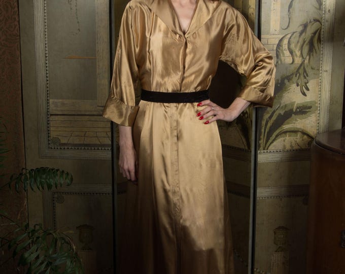 Lux Vintage 1950s Gold Satin Dressing Gown Robe with Black Stripes and Front Closure