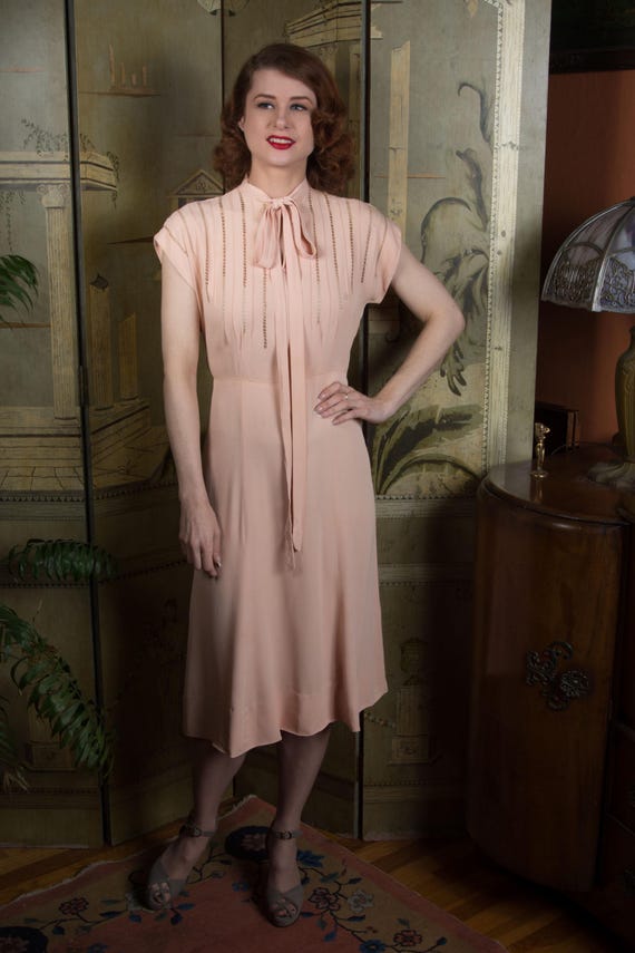 1930s Dress Vintage Day Dress in Peach Pink Rayon Celanese with Unique Drawn Work AS IS