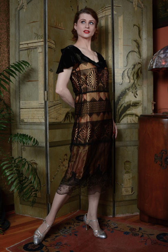1920s Dress - Silk Jacquard, Spiderweb Lace and Lamé Embroidered Net Dress with 30s Alterations