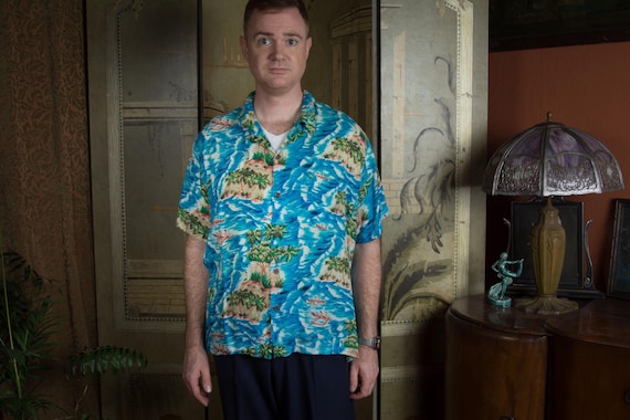 Vintage 1970s Soft Matte Rayon Aloha Shirt in Blues