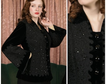 1940s Couture Jacket - *RARE* Nicketsy Estelle Parisian Couture Bell Sleeve Jacket in Velveteen and Faille with Soutache and Enameled Studs