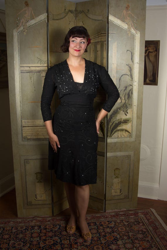 1940s Dress - WOUNDED BIRD Vintage 40s Black Rayon Dress with Soutache Details