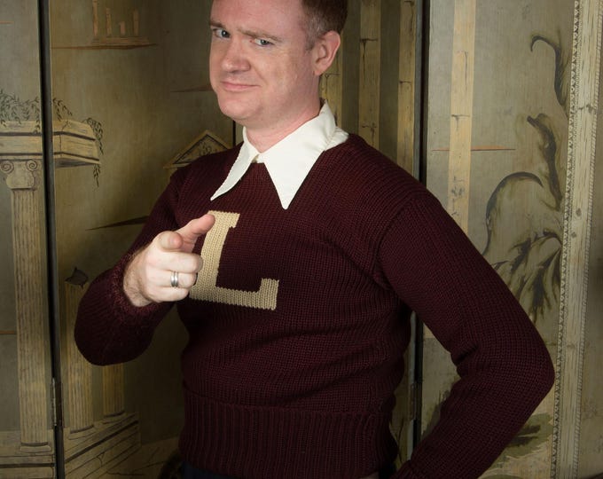 Vintage 1930s Spaulding School Collegiate Letter Sweater in Burgundy and With with L - Probably Louisiana Polytechnic, Foldable Banded Hem