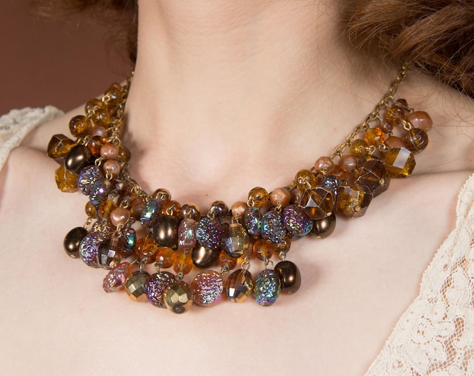 1950s Vintage W Germany Cha Cha Necklace of Textured Blue Pink Carnival Glass, Topaz Glass, Faceted Copper and Brown Glass and Agate Beads