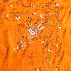 Antique Scarf Gorgeous Vintage 20s Chinese Silk Scarf with Vibrant Orange with Pastel Bird and Floral Embroidery image 8