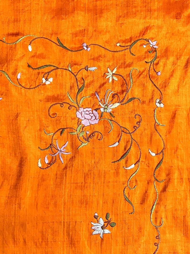 Antique Scarf Gorgeous Vintage 20s Chinese Silk Scarf with Vibrant Orange with Pastel Bird and Floral Embroidery image 8