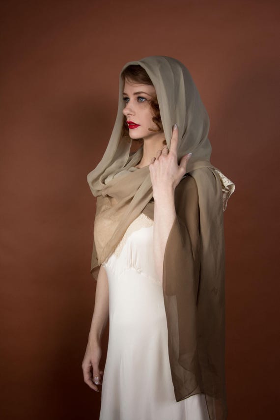 1950s Scarf - Massive Extra Large Ombre Silk Chiffon Scarf in Chocolate, Taupe and Light Brown 88" Long
