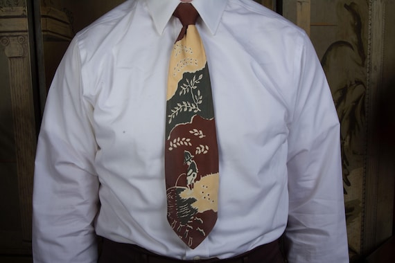 Vintage 1940s Novelty Necktie with Classic "Boy Peeing in Pond" Motif