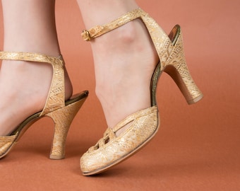1930s Shoes - Size 8 C - Fabulous Vintage 30s Art Deco Metallic Brocade Ankle Strap Heels