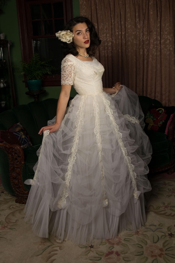 1950s Vintage Wedding Gown -1950s Off the Shoulder Tiered Lace Wedding Gown with Sheer Neckline