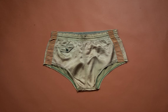Vintage 1940s Men's Satin Swim Briefs in Sage Green with Woven Trim