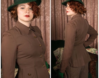 1940s Jacket - Dashing Cocoa Brown Gabardine Late 40s Suit Jacket with Layered Pocket Details