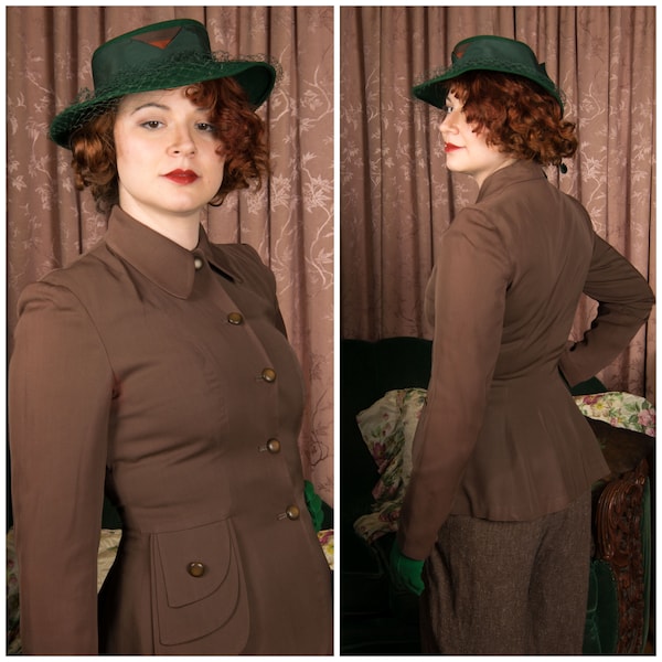 1940s Jacket - Dashing Cocoa Brown Gabardine Late 40s Suit Jacket with Layered Pocket Details